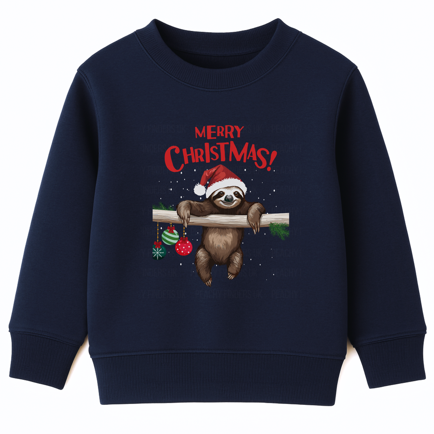 Kids navy jumper featuring a festive sloth wearing a Santa hat, surrounded by festive ornaments, and red text 'Merry Christmas!' 