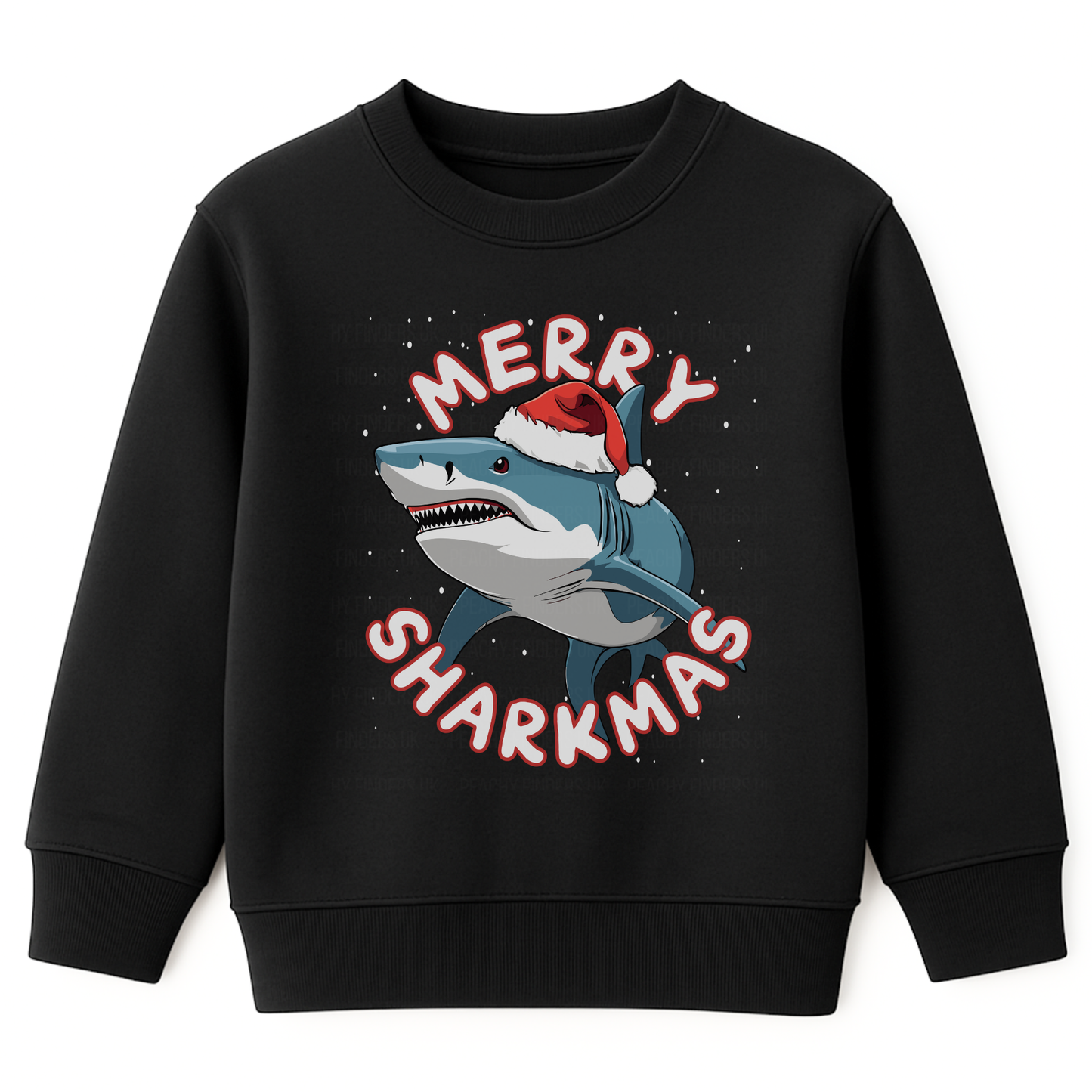 Kids black Christmas sweatshirt featuring a smiling shark wearing a Santa hat with falling snow and the text “Merry Sharkmas”.