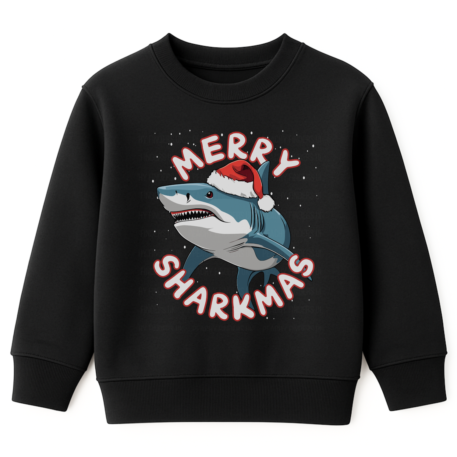 Kids black Christmas sweatshirt featuring a smiling shark wearing a Santa hat with falling snow and the text “Merry Sharkmas”.