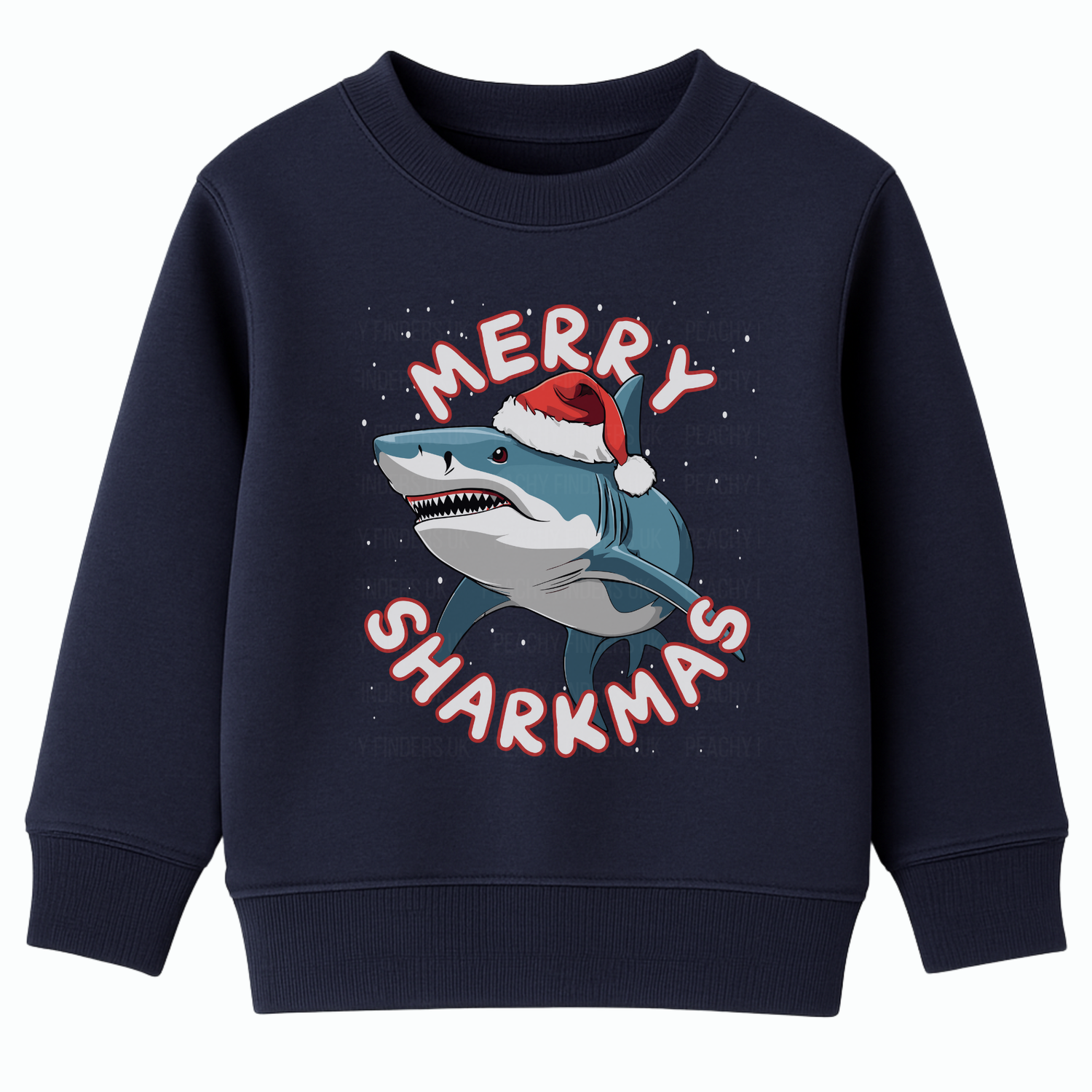 Black navy Christmas sweatshirt featuring a smiling shark wearing a Santa hat with falling snow and the text “Merry Sharkmas”.