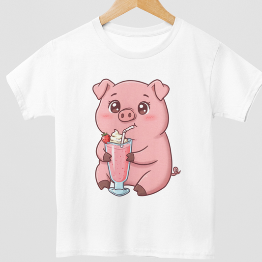 Kids white t-shirt on a hanger with a cute milkshake drinking pig graphic on the front