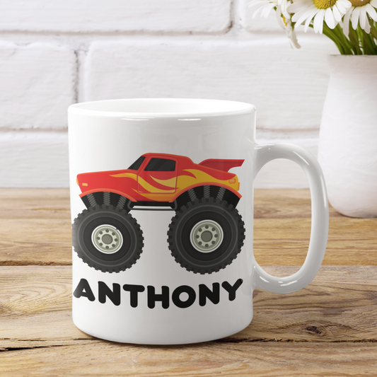 Kids Personalised Red & Yellow Monster Truck Mug