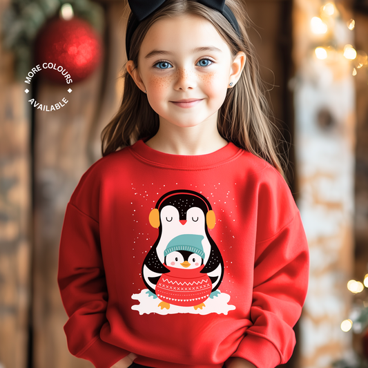 A child wearing a red sweatshirt with a Christmas penguin design.