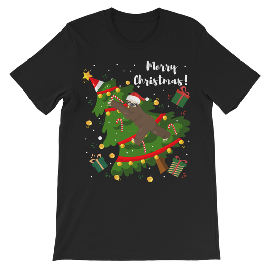 Kids black Christmas t-shirt featuring a sloth wearing a Santa hat climbing a decorated Christmas tree with presents and snowflakes.