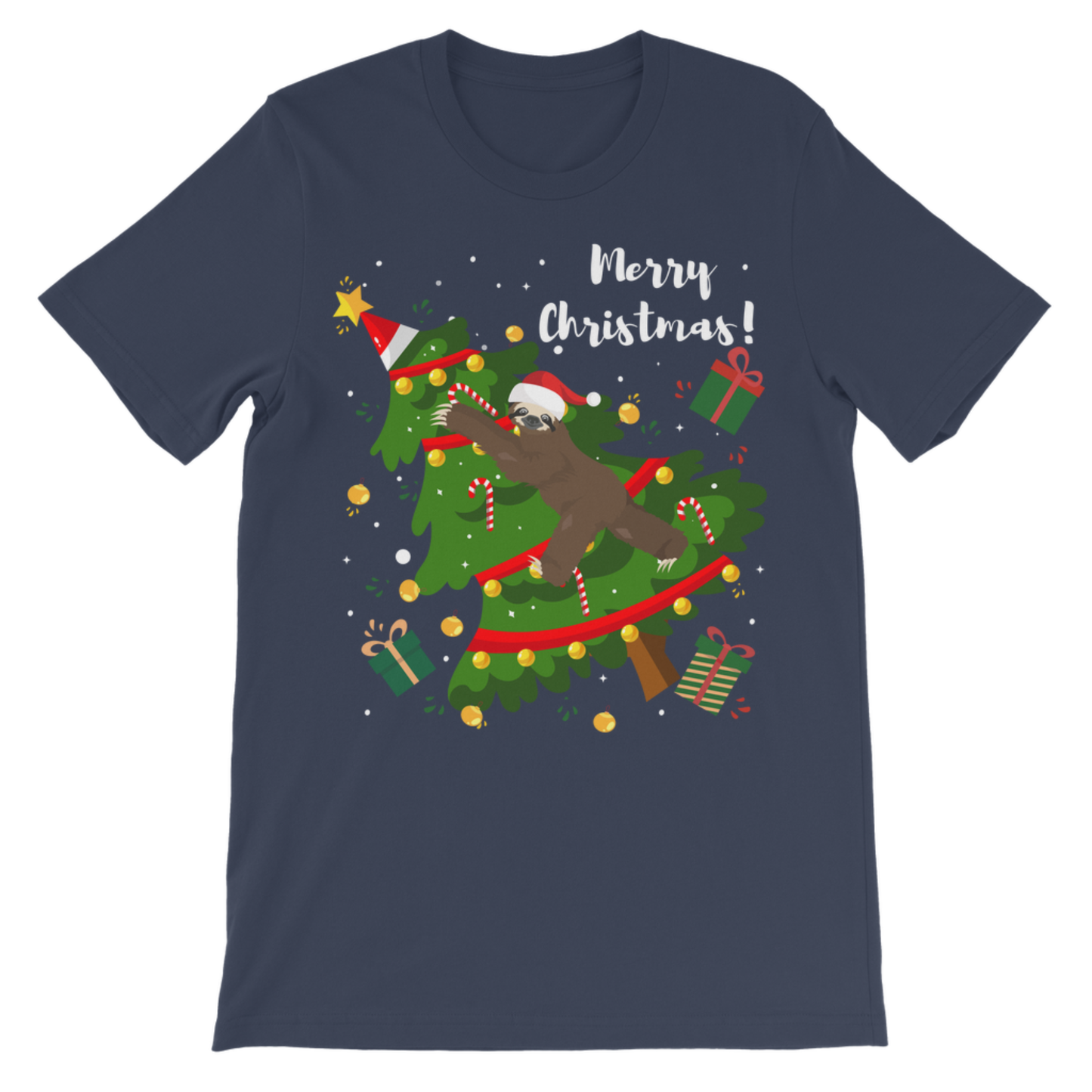 Navy kids Christmas t-shirt featuring a sloth wearing a Santa hat climbing a decorated Christmas tree with presents and snowflakes.