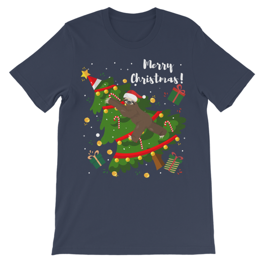 Navy kids Christmas t-shirt featuring a sloth wearing a Santa hat climbing a decorated Christmas tree with presents and snowflakes.