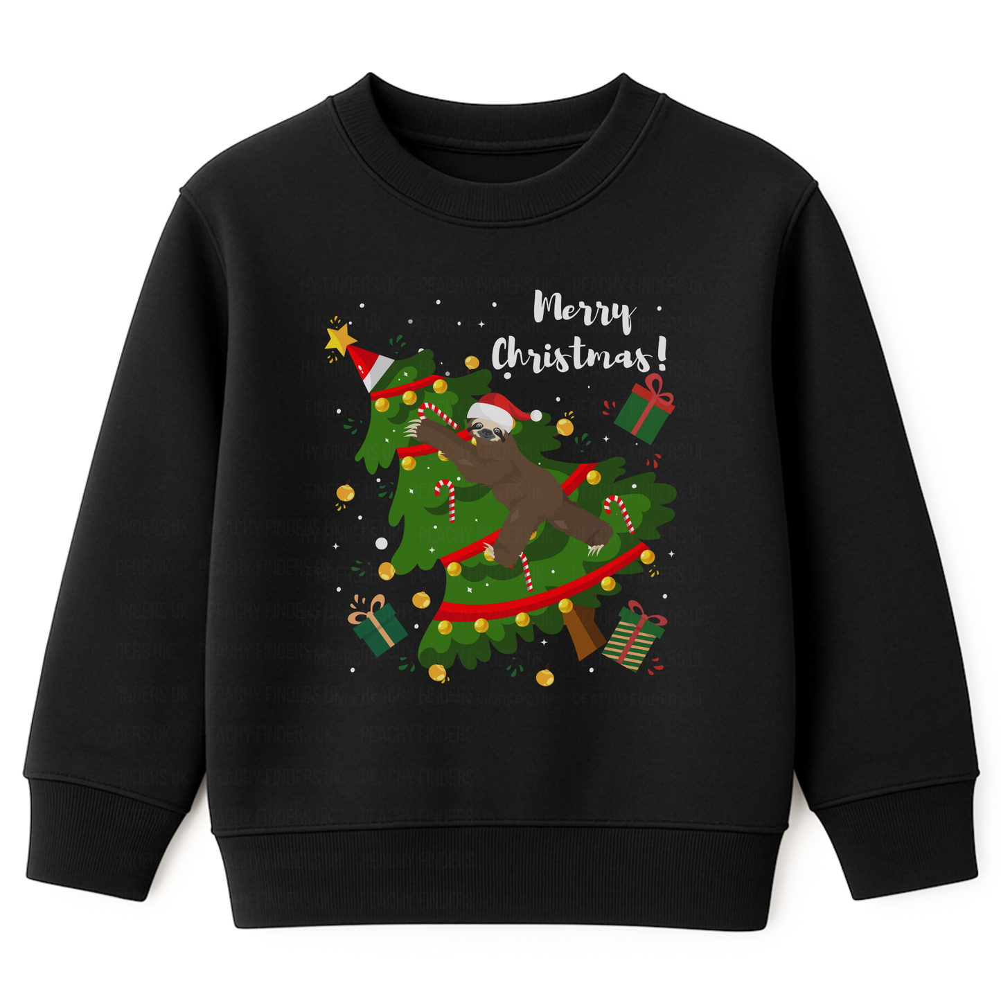 Kids black Christmas sweatshirt with a sloth climbing and toppling a decorated Christmas tree, surrounded by presents and snowflakes.