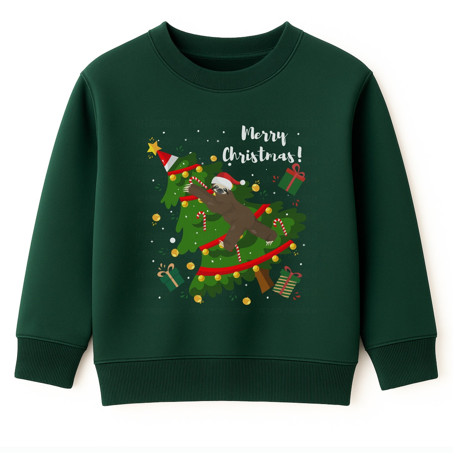 Dark green kids Christmas sweatshirt with a sloth climbing and toppling a decorated Christmas tree, surrounded by presents and snowflakes.