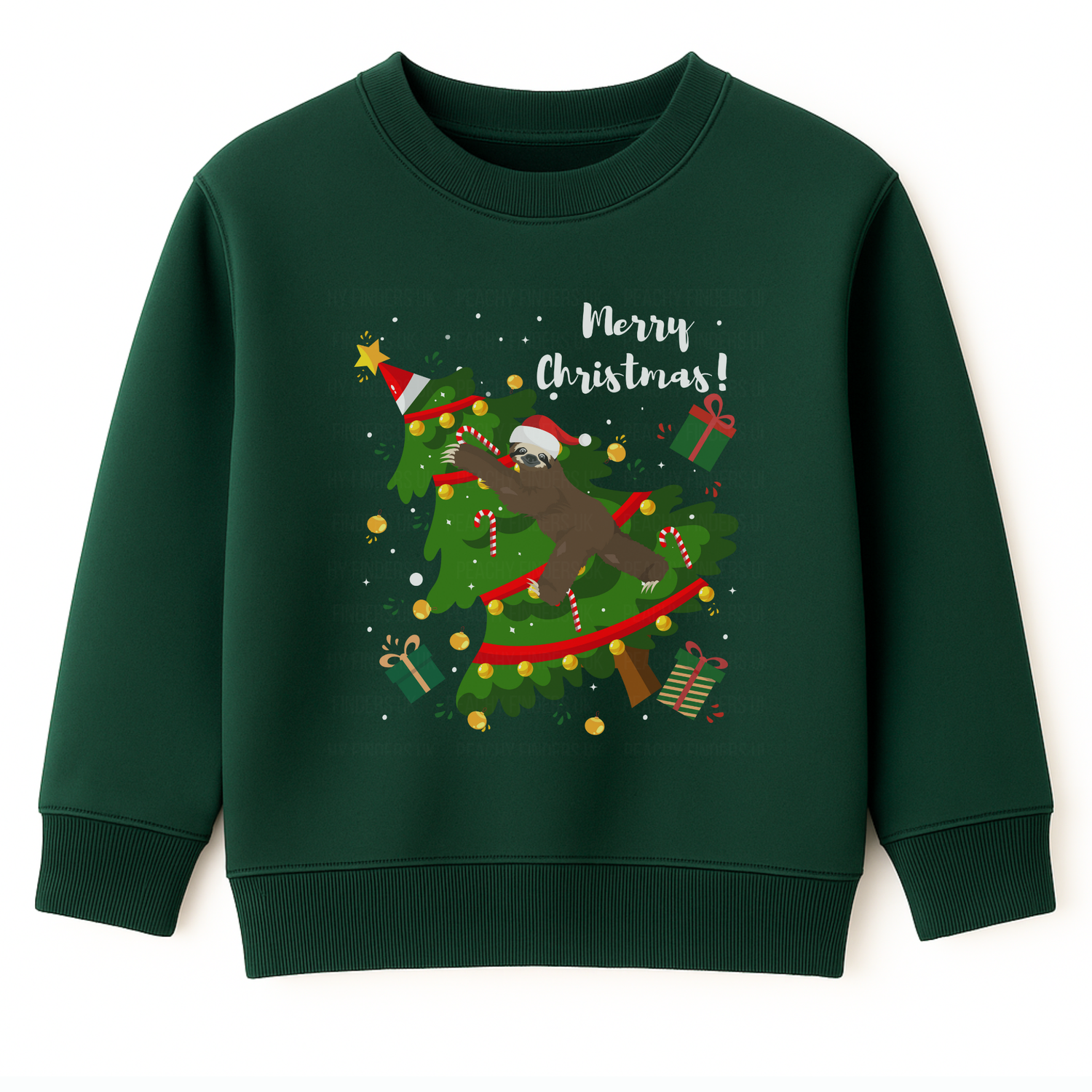 Dark green kids Christmas sweatshirt with a sloth climbing and toppling a decorated Christmas tree, surrounded by presents and snowflakes.