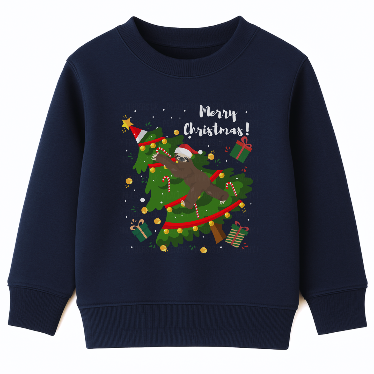 Kids navy Christmas sweatshirt with a sloth climbing and toppling a decorated Christmas tree, surrounded by presents and snowflakes.