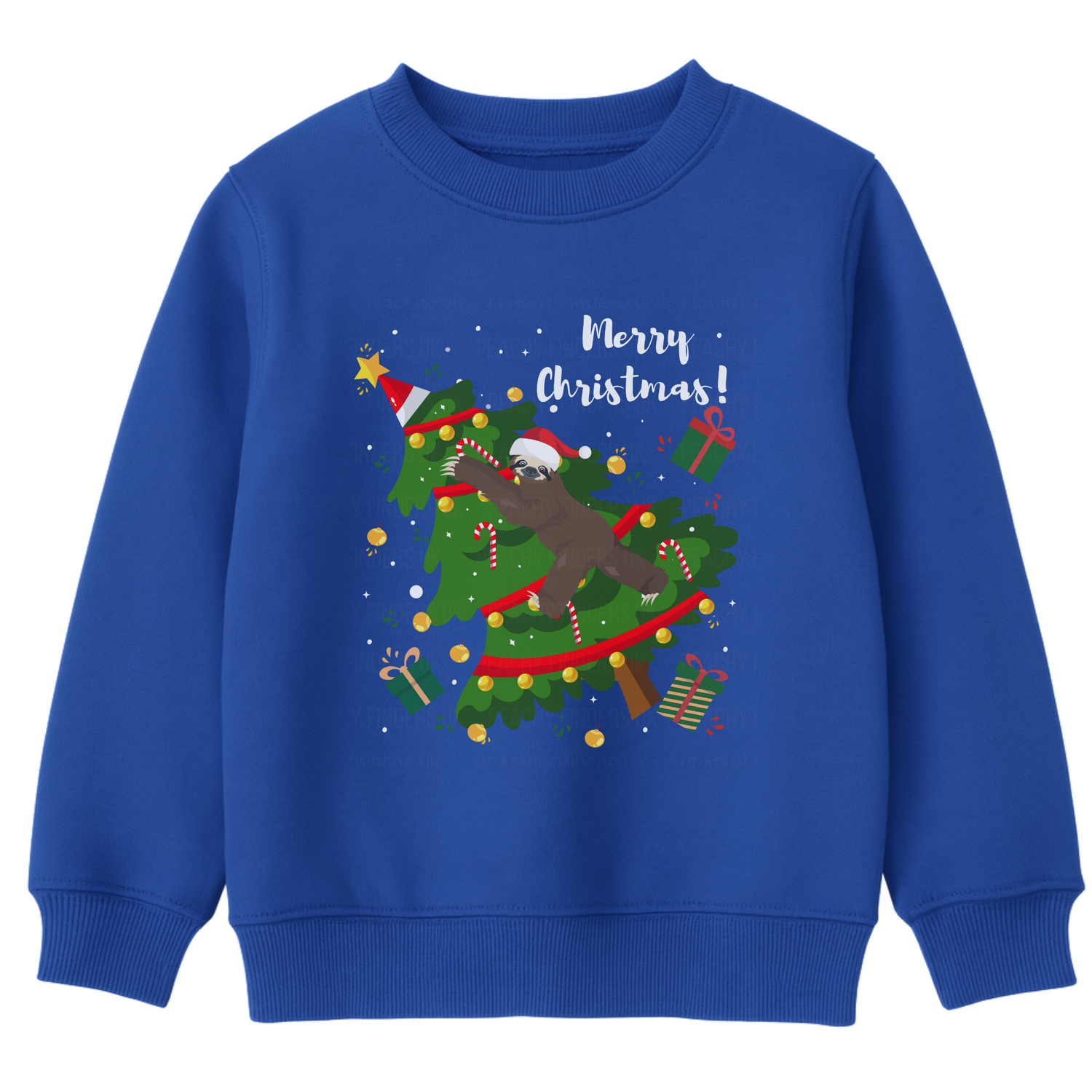 Kids royal blue Christmas sweatshirt with a sloth climbing and toppling a decorated Christmas tree, surrounded by presents and snowflakes.