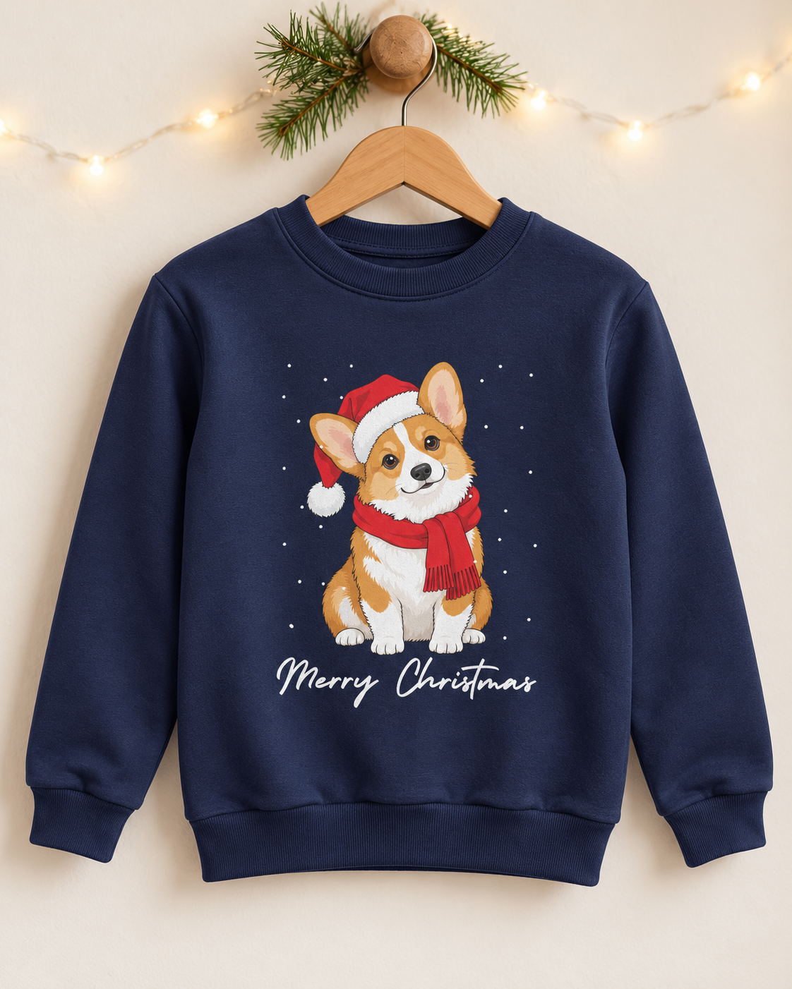 Navy kids' Christmas jumper featuring a festive Corgi graphic styled on a wooden hanger.