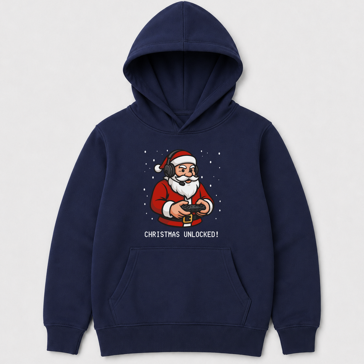 Navy kids’ Christmas hoodie laid flat, showing Santa with a gaming headset and controller