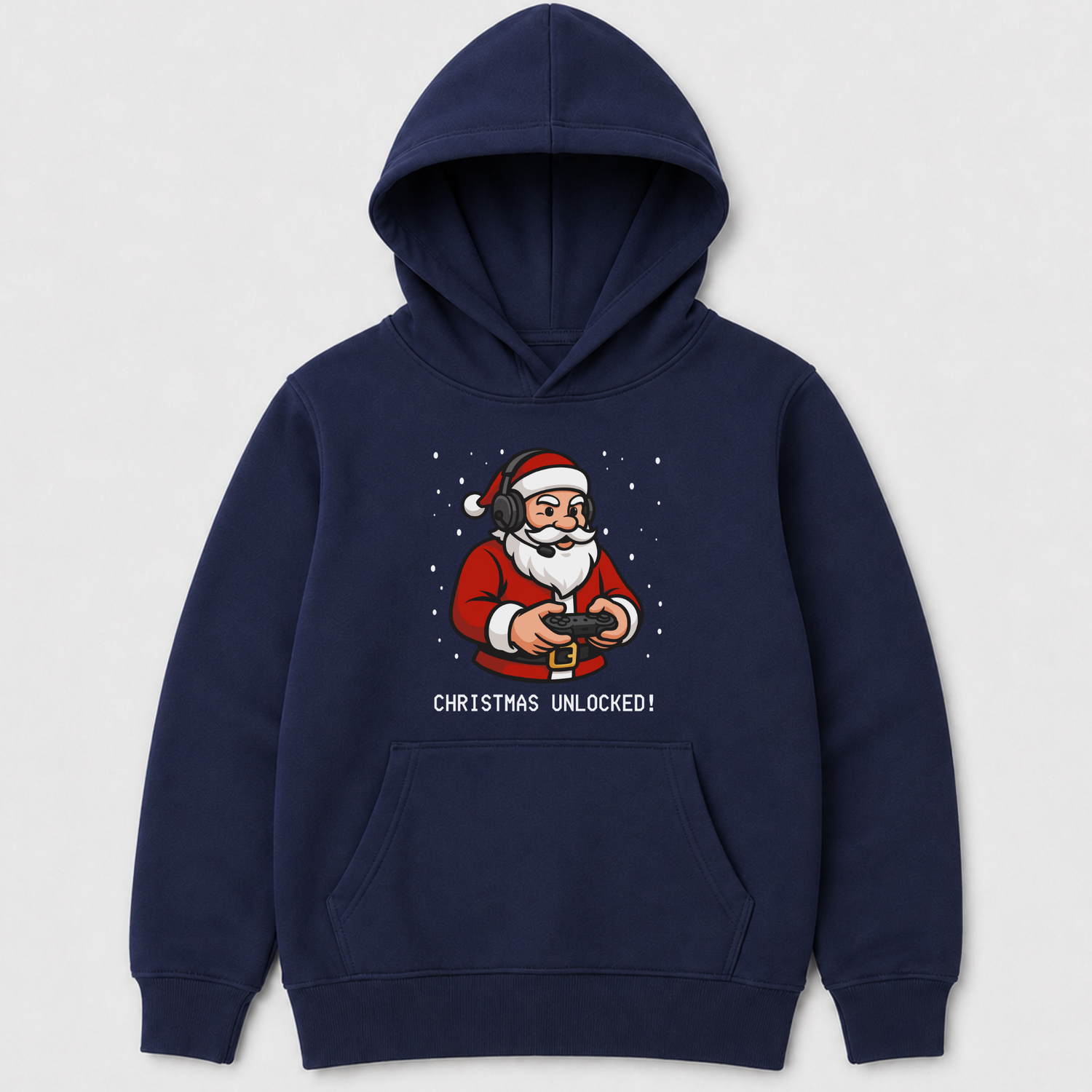 Navy kids’ Christmas hoodie laid flat, showing Santa with a gaming headset and controller