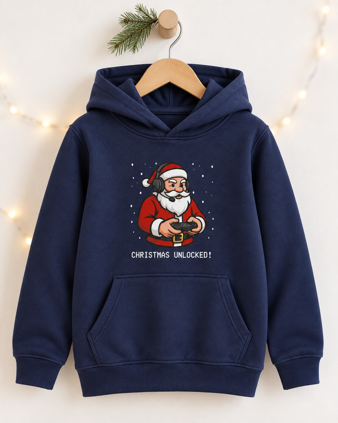 Kids’ navy Christmas Unlocked hoodie on a wooden hanger, with a gaming Santa print and cosy festive backdrop