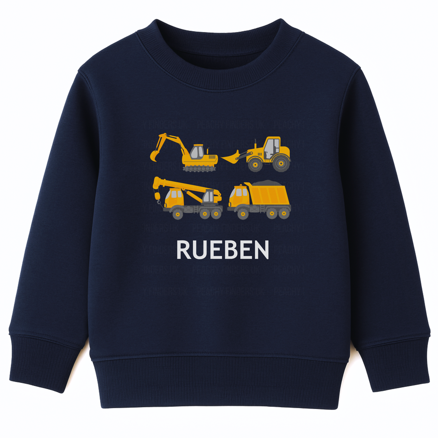 Navy kids sweatshirt with yellow construction vehicles - excavator, bulldozer, tractor, crane truck and tipper -custom name “Rueben” printed underneath.