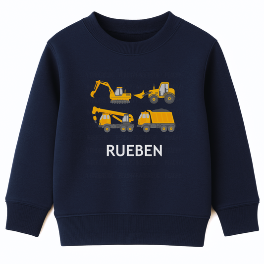 Navy kids sweatshirt with yellow construction vehicles - excavator, bulldozer, tractor, crane truck and tipper -custom name “Rueben” printed underneath.