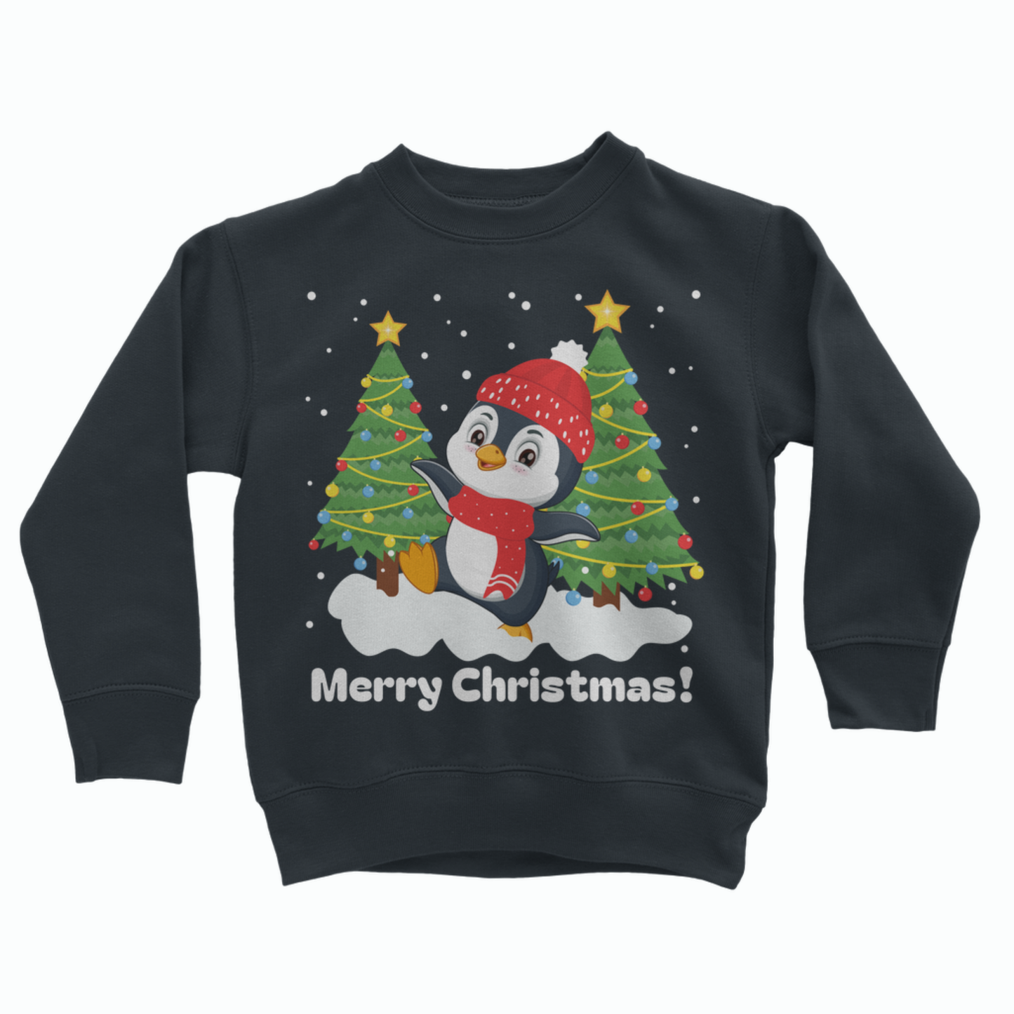 Navy kids’ Christmas sweatshirt with a penguin raising one foot in the snow, wearing a red scarf and bobble hat above “Merry Christmas!” lettering.