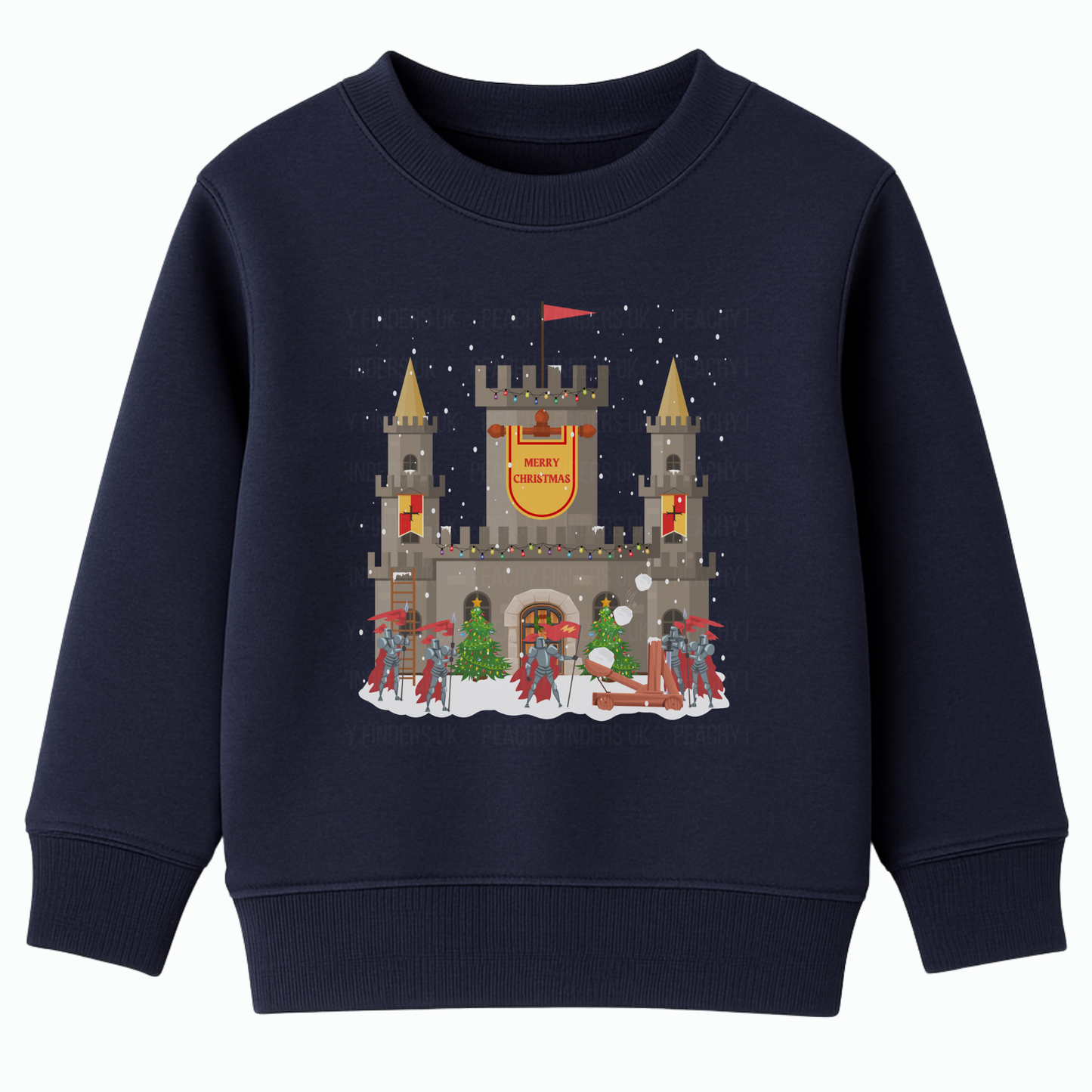 Navy kids Christmas sweatshirt showing a snowy stone castle with “Merry Christmas” banner, golden turrets, red-armoured knights, catapult and festive trees on the front.