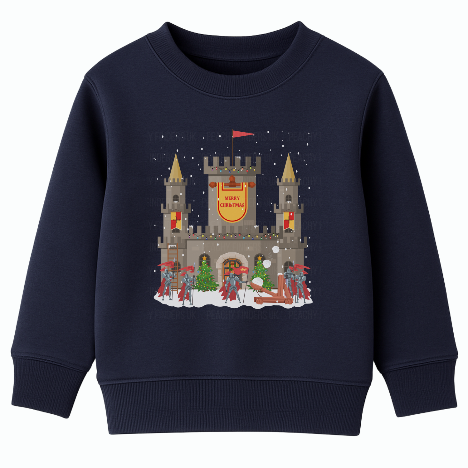 Navy kids Christmas sweatshirt showing a snowy stone castle with “Merry Christmas” banner, golden turrets, red-armoured knights, catapult and festive trees on the front.
