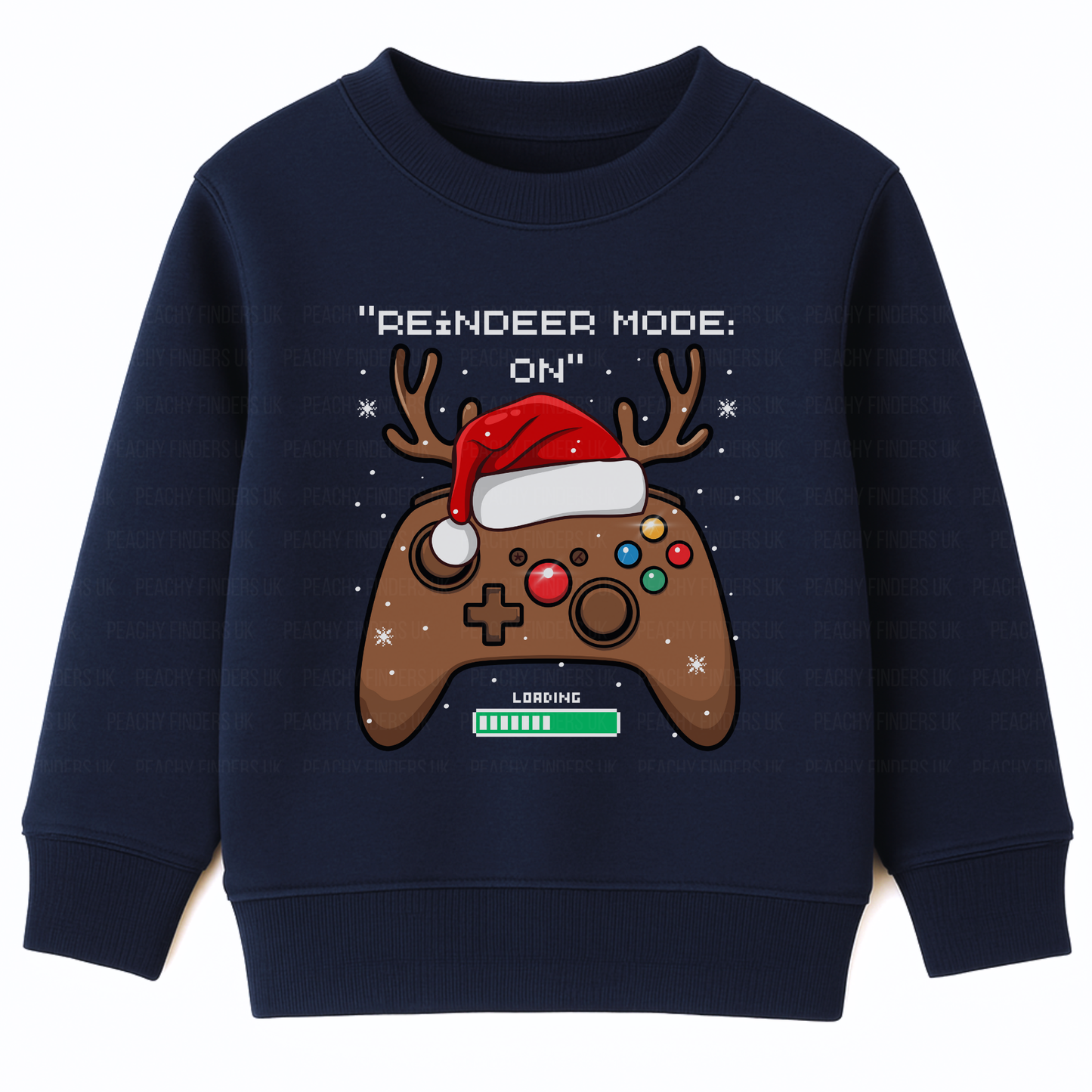 Kids Navy Christmas jumper with a reindeer-themed gaming controller design and the slogan “Reindeer Mode: ON”