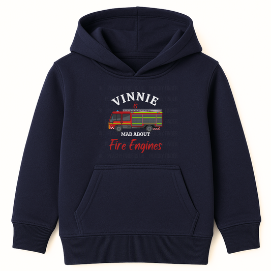 Kids personalised Mad About Fire Engines navy blue hoodie with a colourful British fire engine graphic and name on the front.