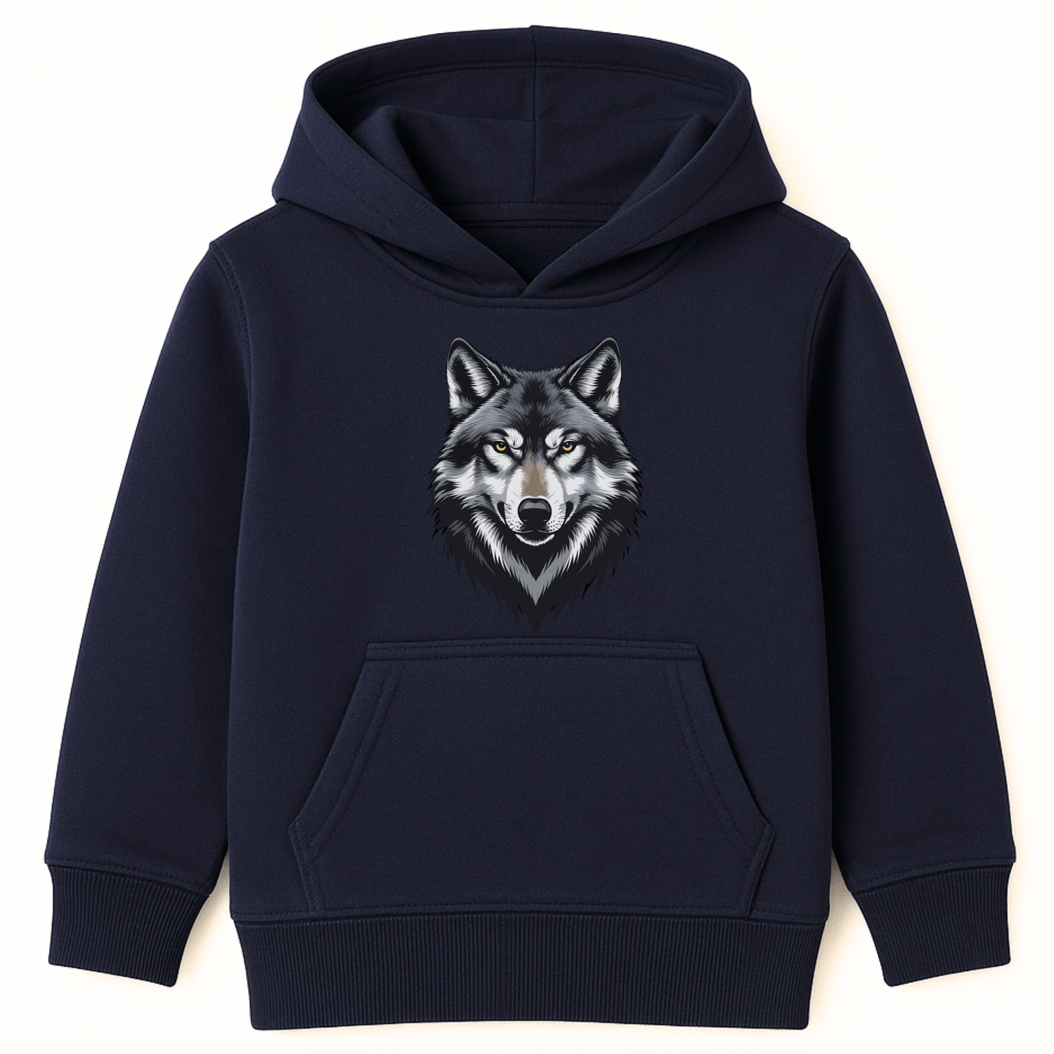 Kids navy pullover hoodie featuring a bold grey wolf head design on the front