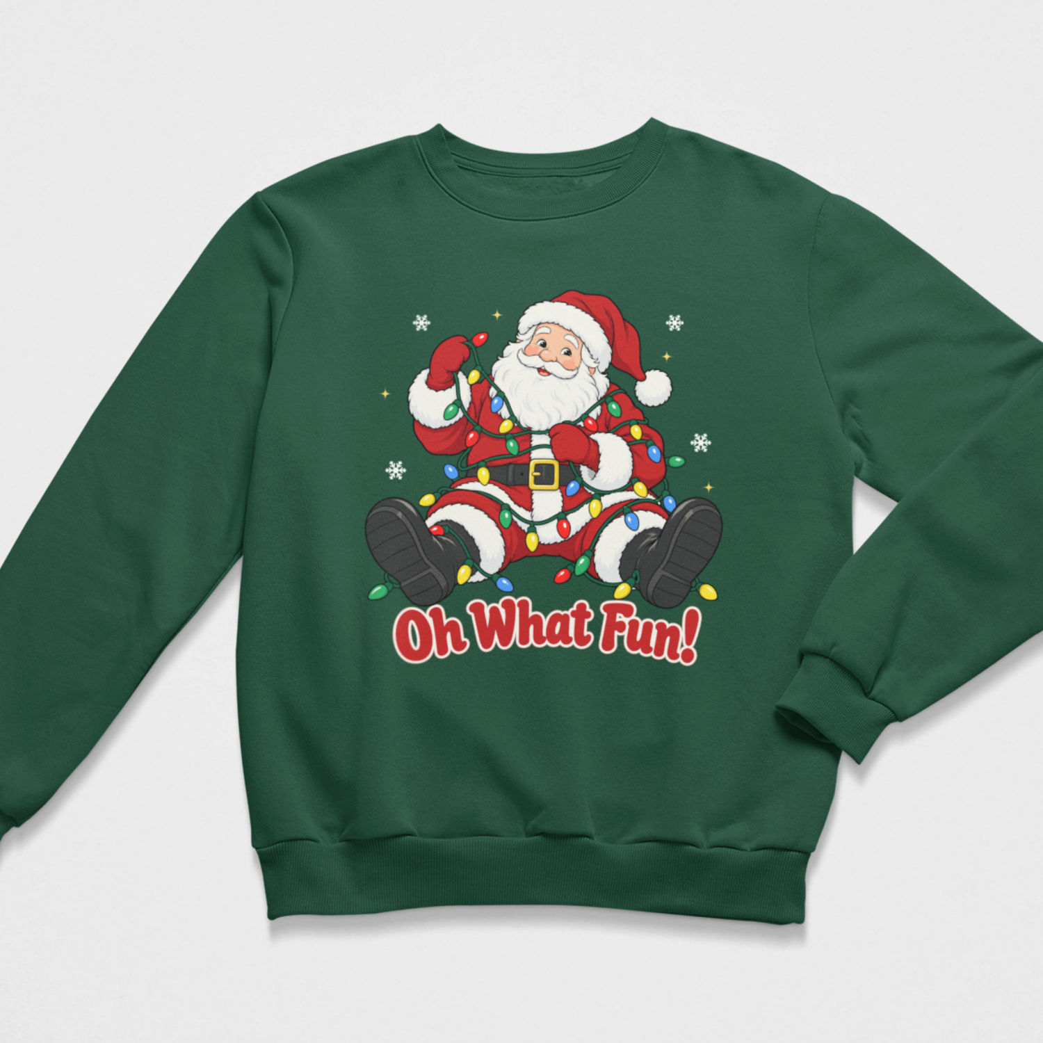 Kids dark green Christmas sweatshirt featuring Santa tangled in colourful fairy lights, with snowflakes and “Oh What Fun!” lettering.