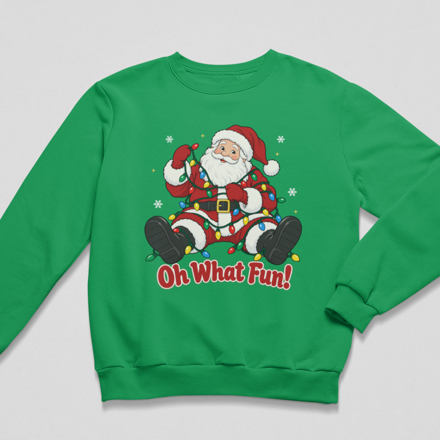 Kids green crewneck sweatshirt featuring a graphic of a sitting Santa Claus surrounded by Christmas lights and snowflakes, with the text 'Oh What Fun!' printed below in red.