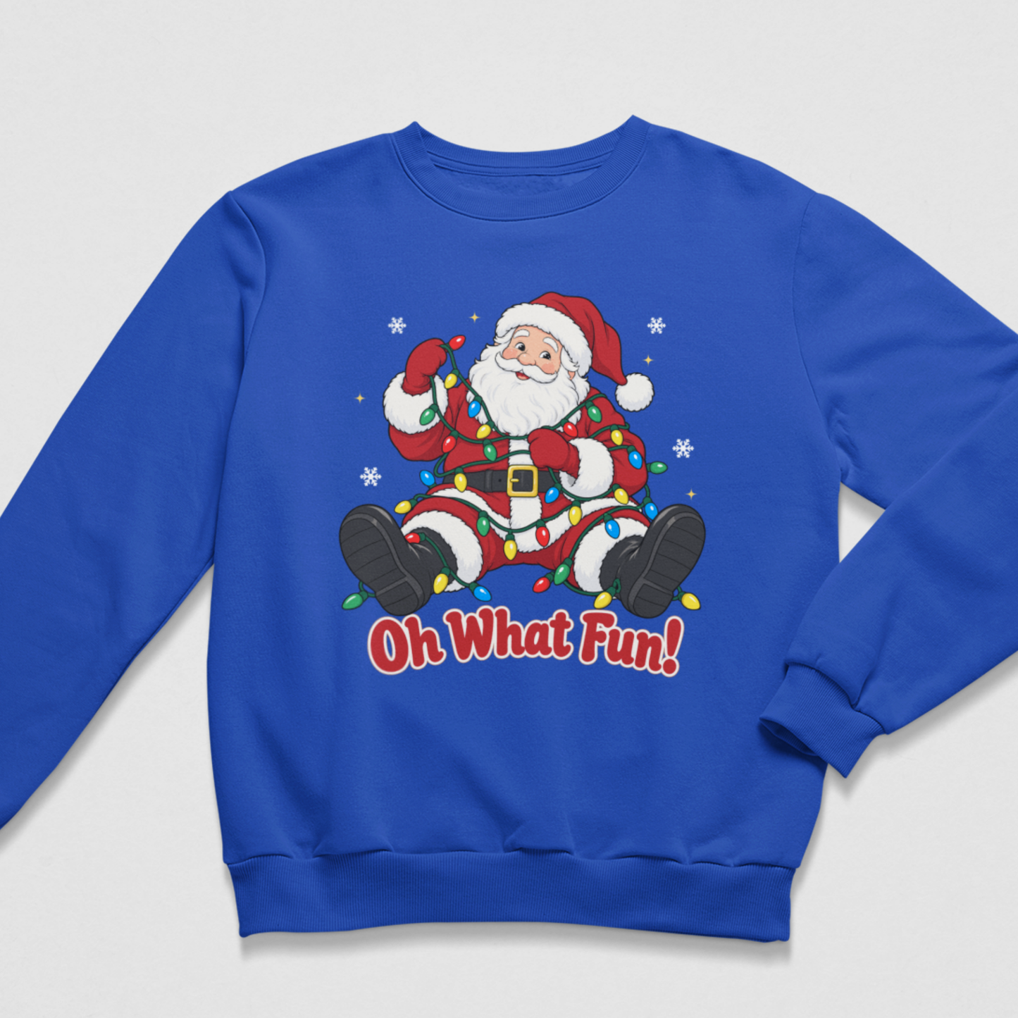 Children's royal blue crewneck sweatshirt featuring a festive graphic of a cartoon Santa Claus sitting on the floor wrapped in colourful Christmas lights, with the text 'Oh What Fun!' printed below in red and white.