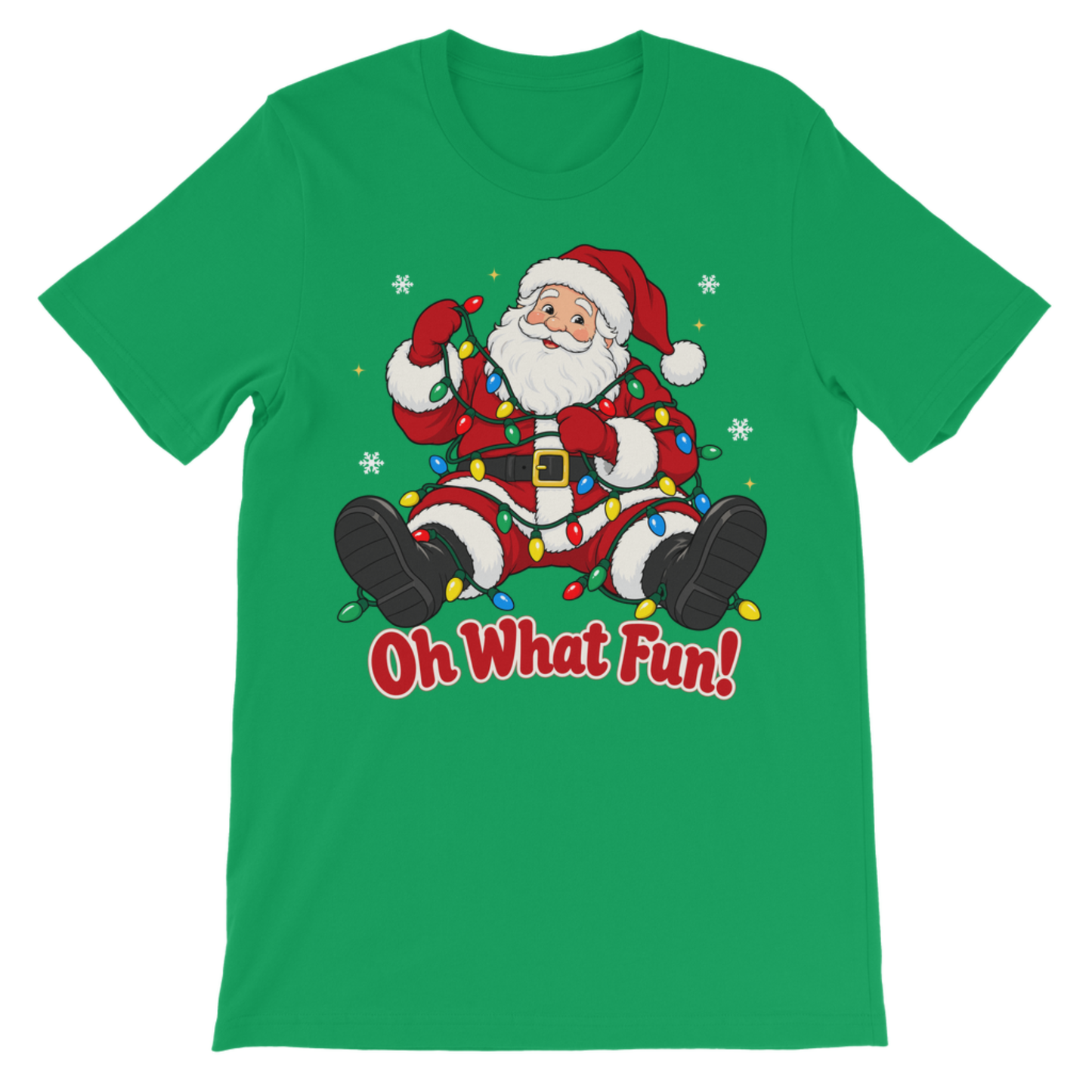 Kids green short-sleeve crewneck t-shirt featuring a graphic of a smiling Santa Claus sitting amidst colourful Christmas lights and snowflakes, with the text 'Oh What Fun!' printed below in red and white.