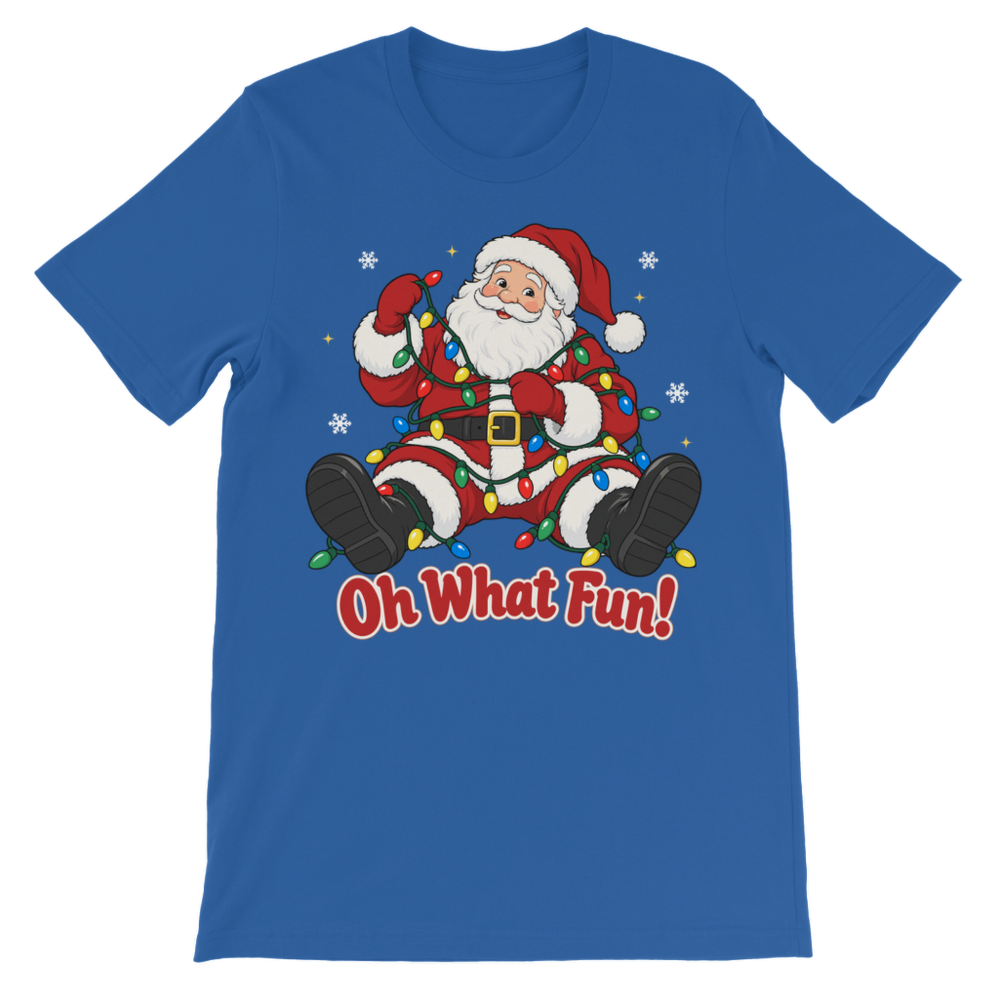 Children's royal blue short-sleeve crewneck t-shirt featuring a festive graphic of a Santa Claus sitting amidst Christmas lights and snowflakes, with the text 'Oh What Fun!' printed below in red and white.