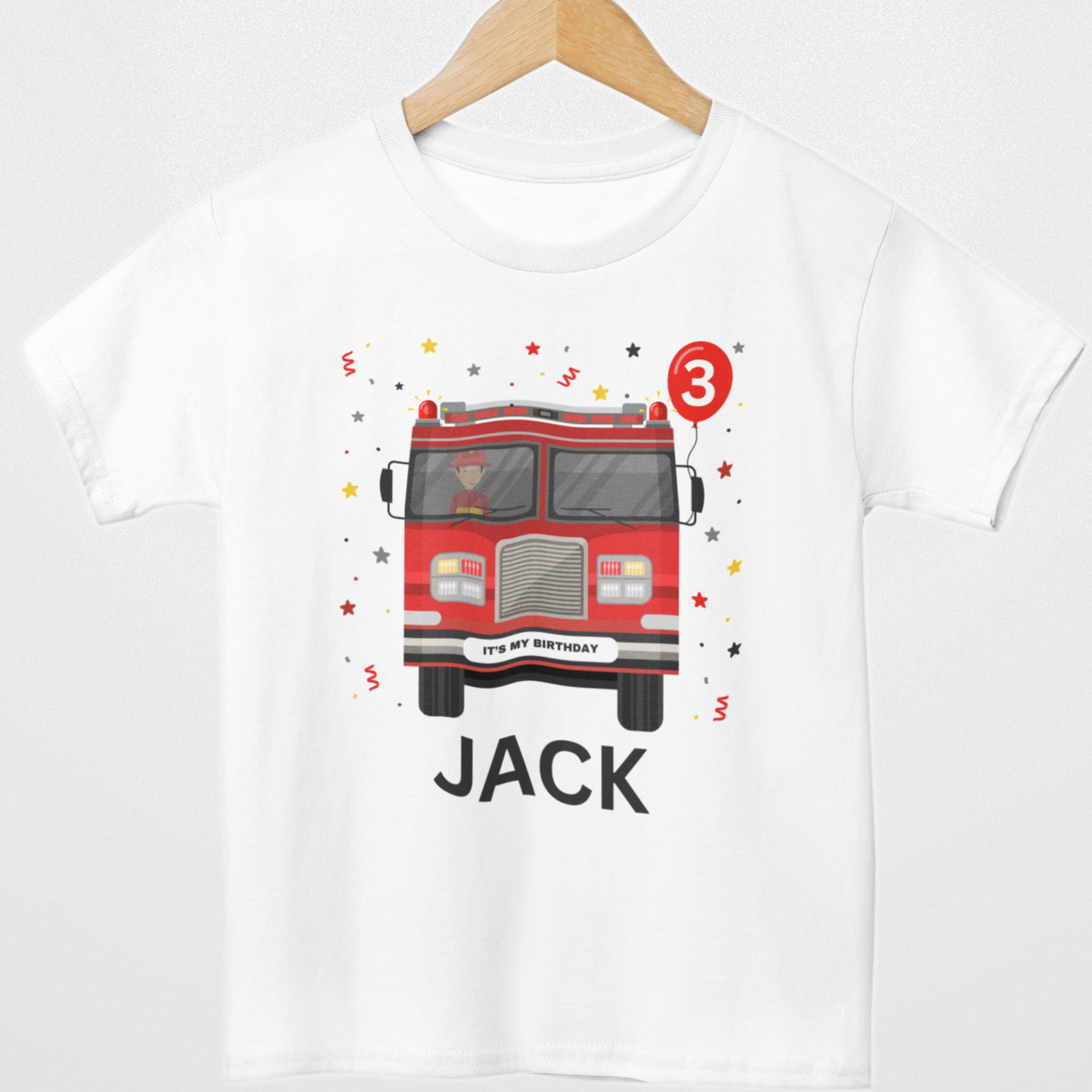 Kids Personalised Fire Engine Birthday T-Shirt (Ages 3–8)