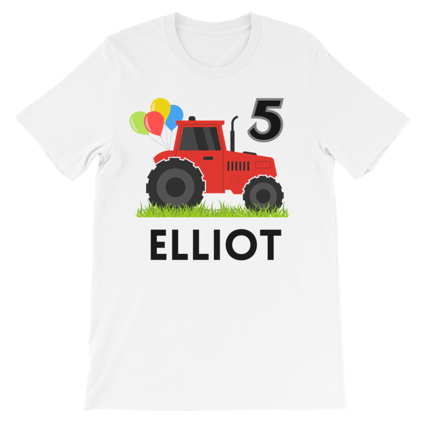 Kids white cotton tee featuring red tractor with birthday balloons and custom name.