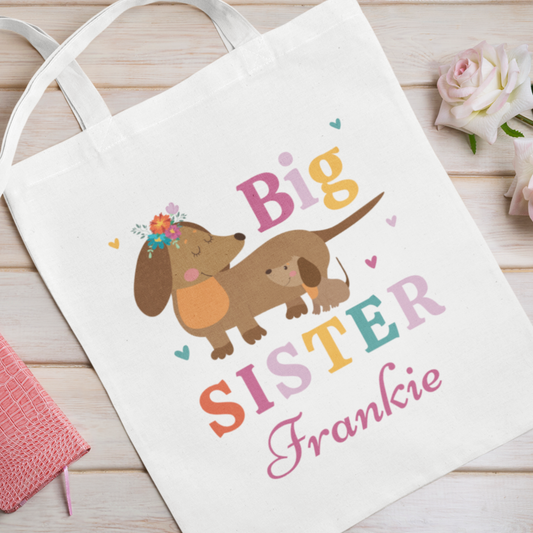 Personalised Big Sister Dachshund Tote Bag – Girls Gift | Cotton Bag
