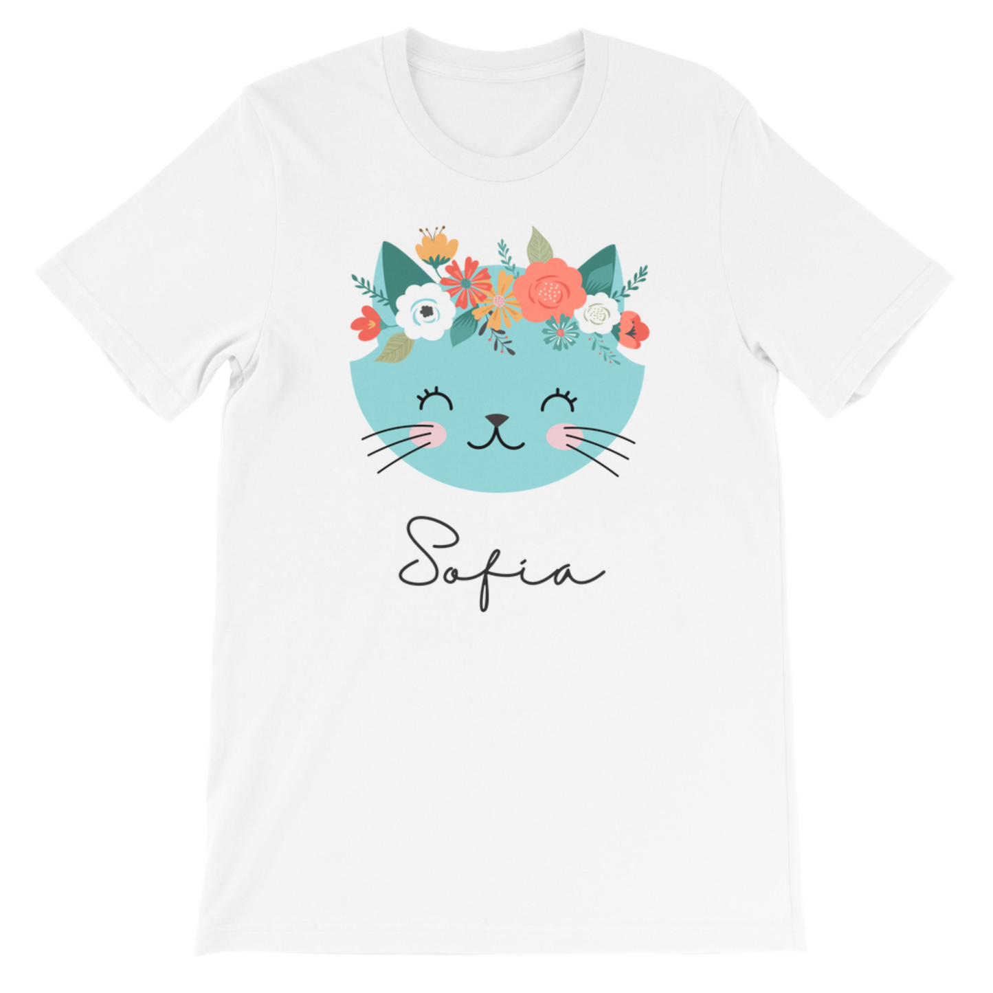 Blue Floral Cat - Girls Personalised Cat T-shirt | 3 - 13 years