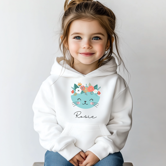 Girls Personalised Blue Cat Pullover Hoodie | 3 - 13 years