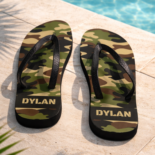Boys personalised camo flip flops with black sole, poolside summer sandals, custom name beach footwear for children