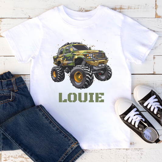 Boys Personalised Camo Monster Truck T-shirt | 3 - 13 years