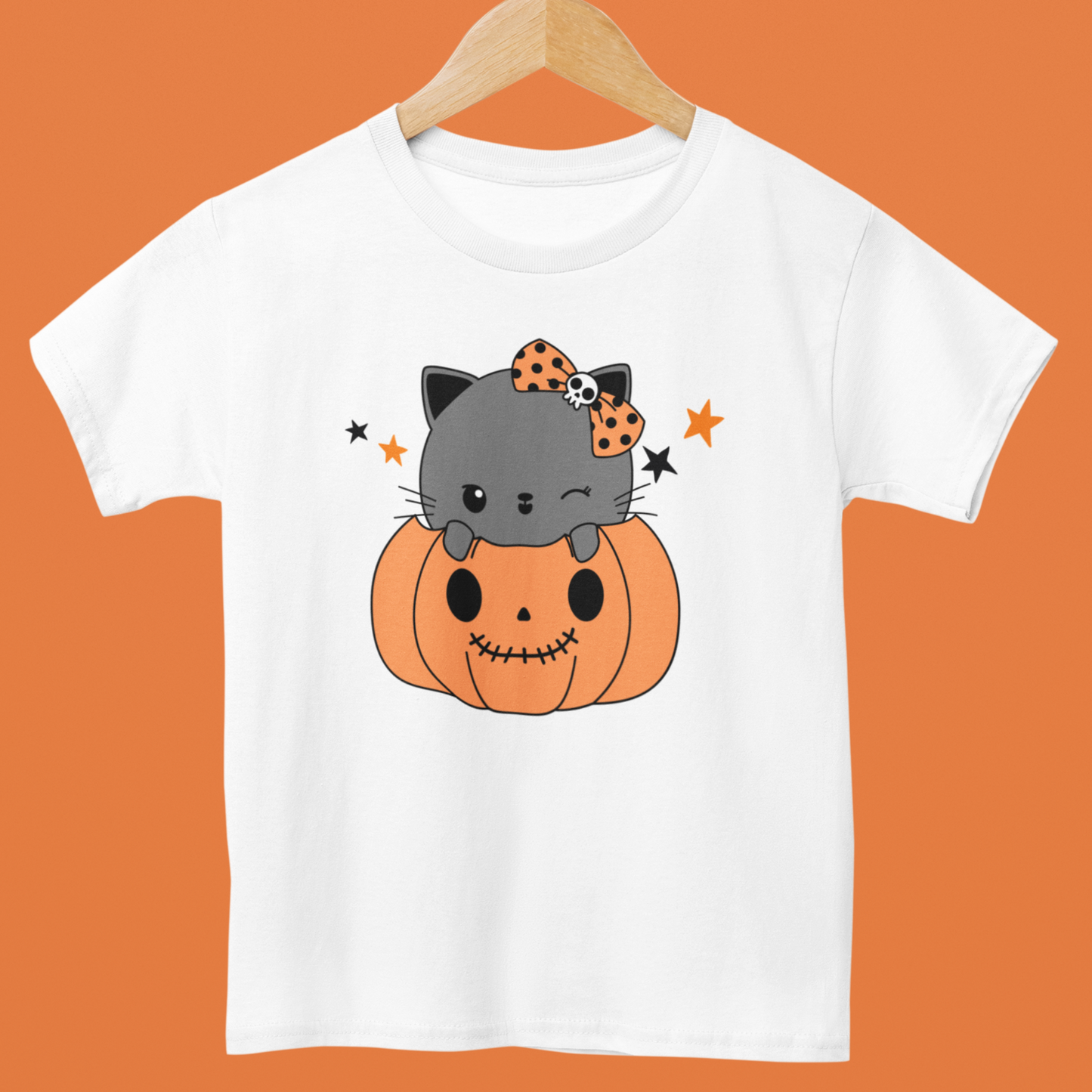 Girls Personalised Cute Cat in a Pumpkin - Halloween T-shirt