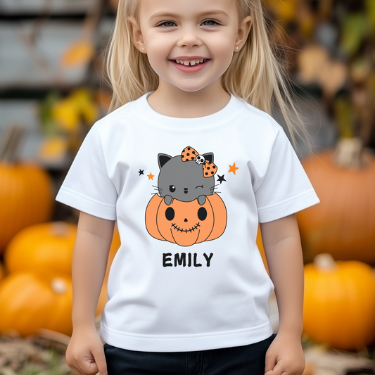 Girls Personalised Cute Cat in a Pumpkin - Halloween T-shirt