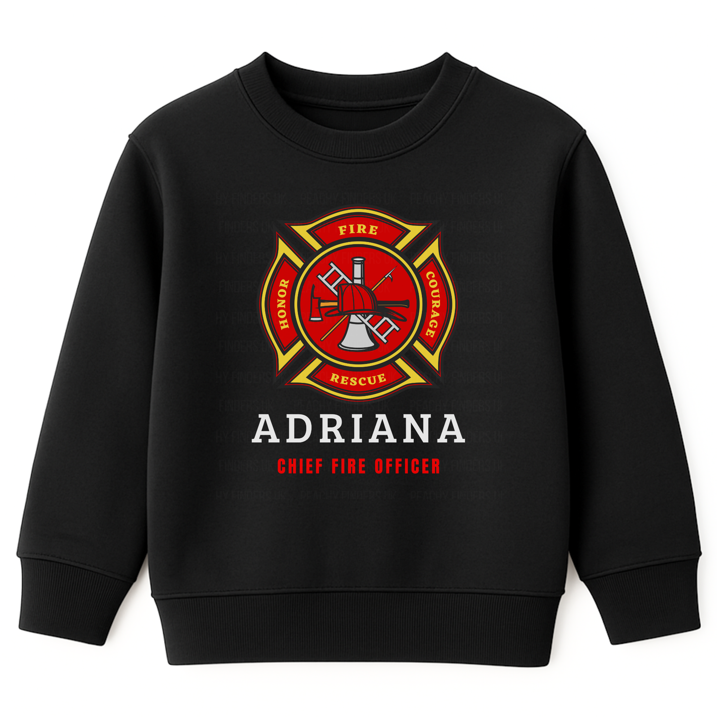 Kids personalised firefighter black sweatshirt with red fire department badge and name "Adriana" printed above the title "Chief Fire Officer"