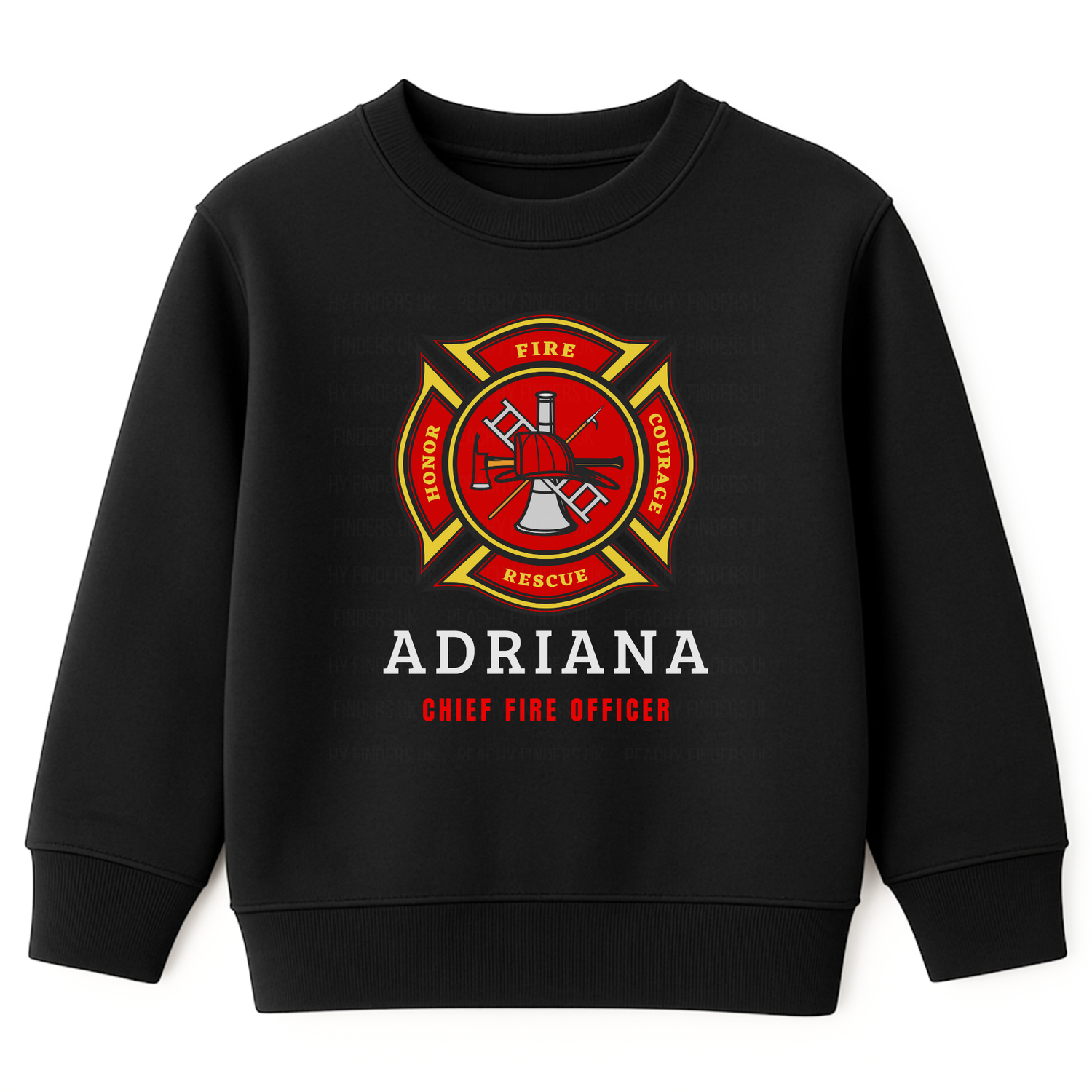 Kids personalised firefighter black sweatshirt with red fire department badge and name "Adriana" printed above the title "Chief Fire Officer"