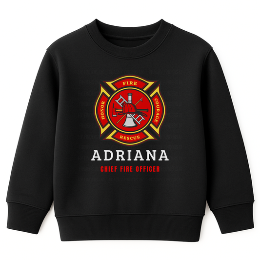 Kids personalised firefighter black sweatshirt with red fire department badge and name "Adriana" printed above the title "Chief Fire Officer"