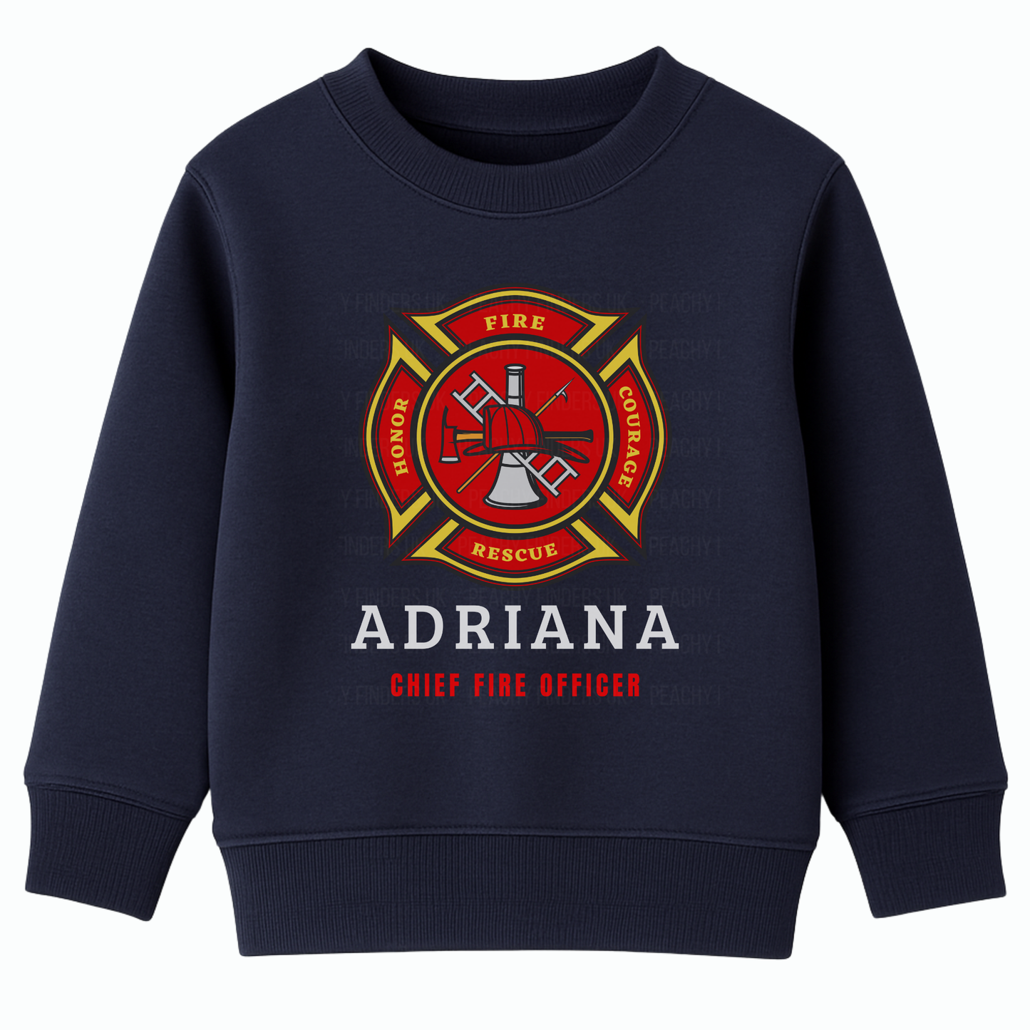 Kids personalised navy sweatshirt with red fire department badge and name "Adriana" printed above the title "Chief Fire Officer"