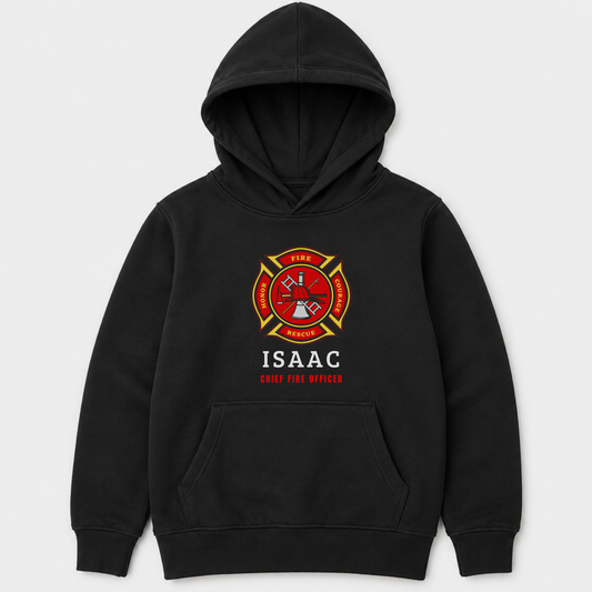 Kids personalised chief fire officer with fire and rescue emblem and name printed on a black pullover hoodie