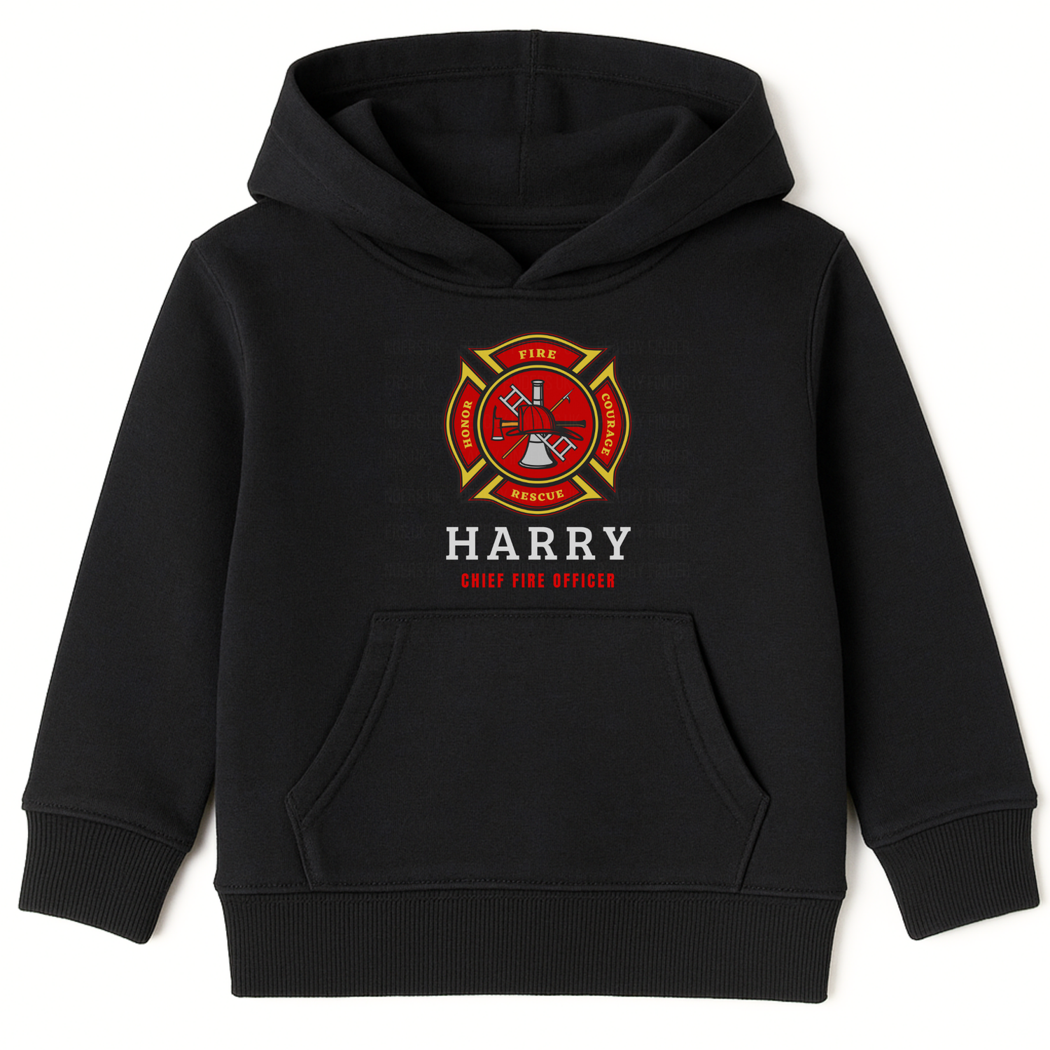 Kids black pullover hoodie with custom name and fire and rescue emblem - little fire fight sweatshirt