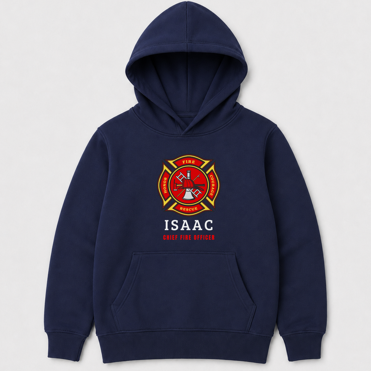 Kids navy pullover hoodie with custom name and fire and rescue emblem - chief fire fighter