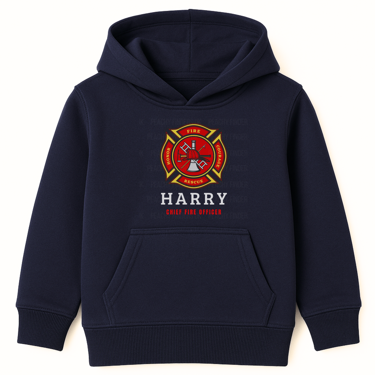 Kids navy pullover hoodie with custom name and fire and rescue emblem - little fire fight sweatshirt