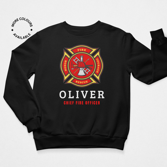 Boys personalised firefighter black sweatshirt with red fire department badge and name "Oliver" printed above the title "Chief Fire Officer"